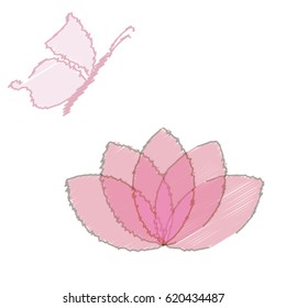 Embroidered Pink Lotus and Butterfly on White Background