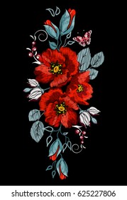 Embroidered poppies, berries with other wild flowers on a black background. Vector illustration.