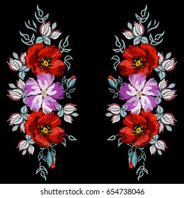 Embroidered poppies and dog-rose on a black background for your design clothes, bags. Vector illustration.