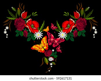 Embroidered poppies, roses, daisies, butterflies for your fashion design. Vector illustration. EPS 10