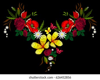 Embroidered poppies, roses, daisies and butterfly for your fashion design. Vector illustration.