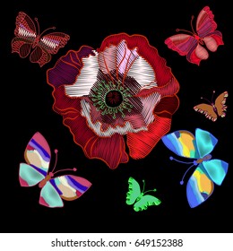 Embroidered poppy flowers and colorful butterflies to decorate clothes, black background, vector illustration