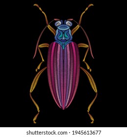 Embroidered purple, pink and violet beetle. Decorative element for embroidery, patches, stickers, badges, print for t-shirts.