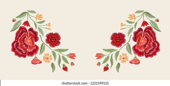 Embroidered red  flowers. Vector floral print.