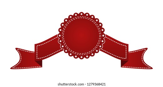 Embroidered red ribbon isolated on white. Can be used for banner, award, sale, icon, logo, label etc. Vector illustration