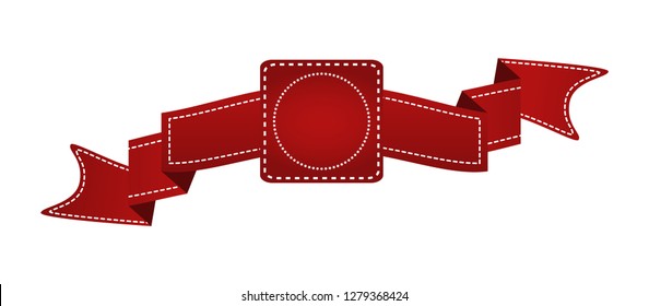 Embroidered red ribbon isolated on white. Can be used for banner, award, sale, icon, logo, label etc. Vector illustration