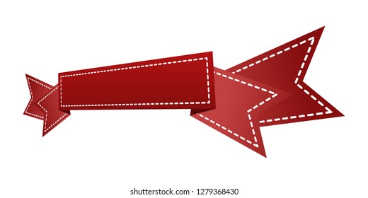 Embroidered red ribbon isolated on white. Can be used for banner, award, sale, icon, logo, label etc. Vector illustration