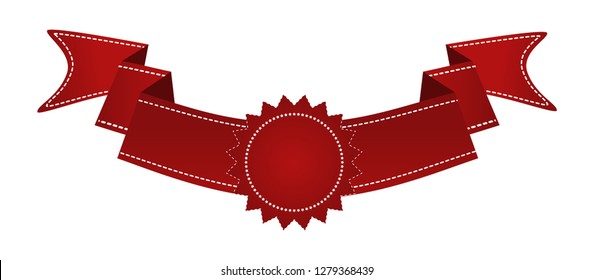 Embroidered red ribbon isolated on white. Can be used for banner, award, sale, icon, logo, label etc. Vector illustration
