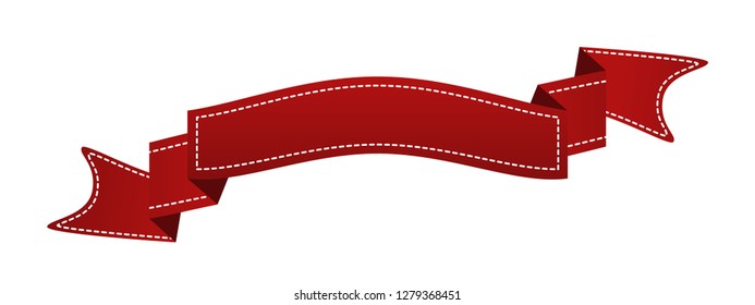 Embroidered red ribbon isolated on white. Can be used for banner, award, sale, icon, logo, label etc. Vector illustration