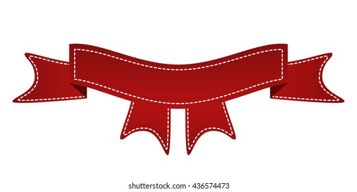 Embroidered red ribbon isolated on white. Can be used for banner, award, sale, icon, logo, label etc. Vector illustration