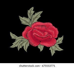 Embroidered red rose and green leaves. Flower. Fashion design. Vector floral print