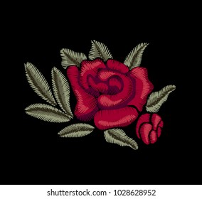 Embroidered red rose. Vector print. Design element.