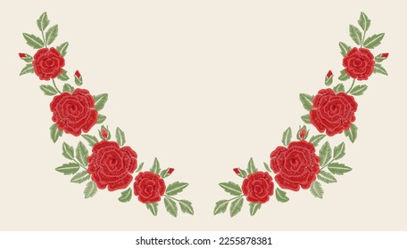 Embroidered red roses on a white background. Vector floral print. Fashion design.