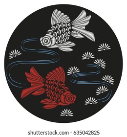 Embroidered red and white fish with water and flowers. Vector decorative element for embroidery, patches and stickers