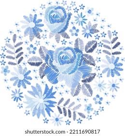 Embroidered round composition with flowers in blue tones. Embroidery vector design