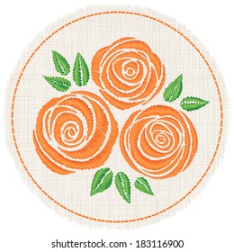 Embroidered "satin stitch" orange roses on a round piece of cloth