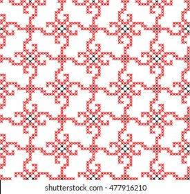 Embroidered seamless background, red cross stitch pattern, Ukrainian ethnic ornament