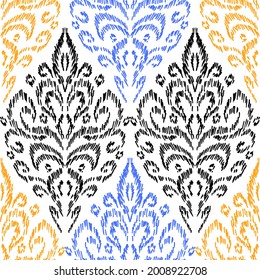 Embroidered seamless damask pattern. Bohemian print ogee for home decor, scrapbooking, pillows, carpets. Vector illustration.