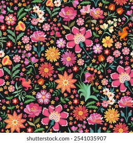 Patrón textil floral sin costuras bordado. Hermoso fondo natural en Vector. Estampado para tela.