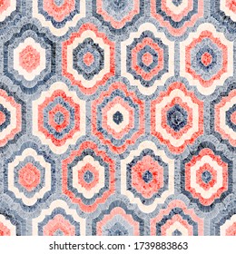 Embroidered seamless geometric pattern. Decoration for the carpet. Ethnic and tribal motifs. Vintage grunge texture. Handmade colorful print. Pink, gray, coral and white colors. Vector illustration.