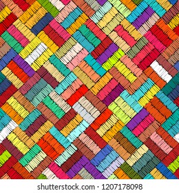 Embroidered seamless geometric pattern. Ornament for the carpet. Ethnic and tribal motifs. Colorful print of handmade. Vector illustration.