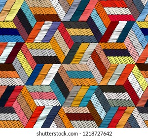 Embroidered seamless geometric pattern. Ornament for the carpet. Ethnic and tribal motifs. Colorful print of handmade. Vector illustration.