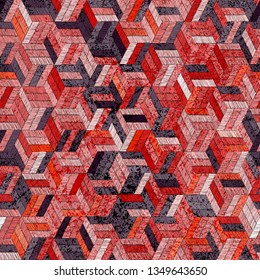 Patrón geométrico sin fisuras bordado. La moqueta está decorada. Motivos étnicos y tribales. Textura de hueso vintage. Colorida impresión hecha a mano. Color rosa, rojo, azul, gris, negro y blanco.