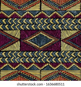 Embroidered seamless geometric pattern. Ornament for the carpet. Ethnic and tribal motifs. Colorful print of handmade. Vector illustration.