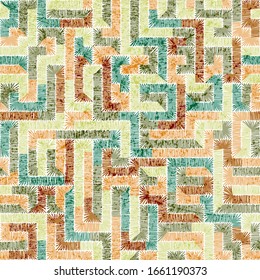 Patrón geométrico sin fisuras bordado. La moqueta está decorada. Motivos étnicos y tribales. Textura de hueso vintage. Colorida impresión hecha a mano. Ilustración vectorial.
