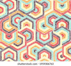 Embroidered seamless geometric pattern. Ornament for the carpet. Ethnic and tribal motifs. Colorful print of handmade. Vector illustration.