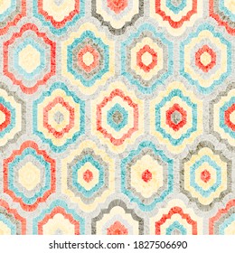 Embroidered seamless pattern. Bohemian geometric polyhedron ornament. Print for home decor, pillows, blankets, textiles. Vector illustration.