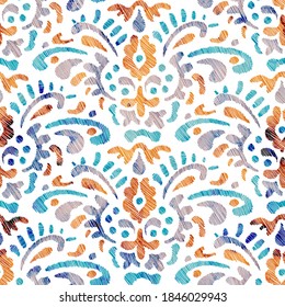 Embroidered seamless pattern. Bohemian wavy print. Watercolor texture on a white background. Vector illustration.