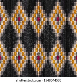 Patrón transparente bordado para los productos de alfombra. El adorno de estilo bohemio. Motivos étnicos y tribales. Ilustración vectorial.