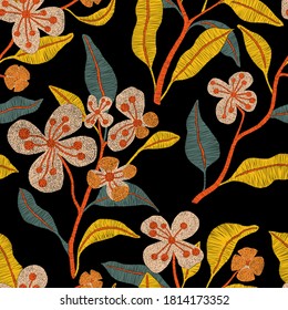 Embroidered Seamless Pattern. Isolated Branches Of Flowers On A Black Background. Bohemian Print For Textiles And Home Decor. Vector Illustration.