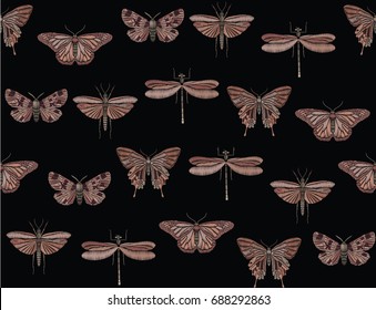 Embroidered seamless pattern. Pink butterflies on a black background . Embroidery for the design of clothing, textiles, patches, wallpapers and manufacturing