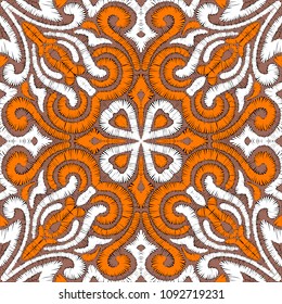 Embroidered seamless pattern. Prints for textiles. Handmade. Orange and white elements. Vector illustration.