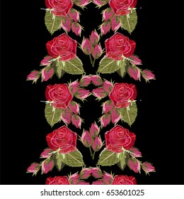 Embroidered seamless pattern with roses. Seamless vertical border with red roses and buds on  black background.