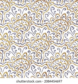 Embroidered seamless pattern. Wavy bohemian print for home decor, pillows, carpets. Paisley style seigaiha ornament. Vector illustration.