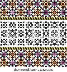 Embroidered seamless patterns. Pixel textile prints. Vector fashion background.