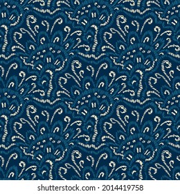 Embroidered seigaiha seamless pattern. Blue and white bohemian print for textiles. Asian wavy motifs. Vector illustration.