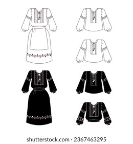 Camisas bordadas y vestidos bocetos, Juego de íconos lineales de vestimenta nacional ucraniano. Aislamiento de ilustración vectorial en blanco.