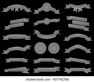 Embroidered silver ribbons and stumps pack isolated on black. Can be used for banner, award, sale, icon, logo, label etc. Vector illustration
