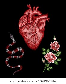 embroidered snake, human heart, rose flowers set, embroidery patch for tee, apparel fashion design