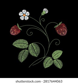 Embroidered strawberry flowers leaves pattern set. Traditional folk art needlework style floral botanical design. Clothing printing towel bags covers cases textiles packaging branding. Black background hand-stitched vector illustration elements.

