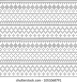 Embroidered striped pattern. Black crosses on a white background. Handmade. Vector illustration.