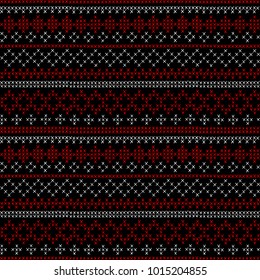 Embroidered striped pattern. Red and white crosses on a black background. Handmade. Vector illustration.