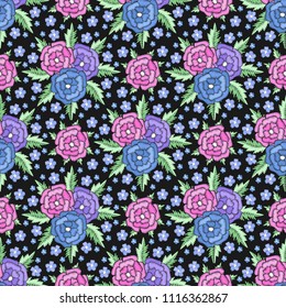Embroidered style seamless pattern design. Needlework floral composition. Bright colorful summer flower bouquet motives. EPS 10 vector embroidery fashion background.