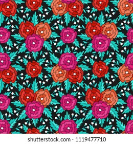 Embroidered style seamless pattern design. Needlework floral composition. Bright colorful summer flower bouquet motives. EPS 10 vector embroidery fashion background.