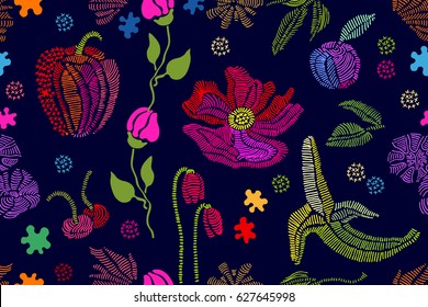 Embroidered texture. Floral seamless vector pattern with fruits and flowers. 1950s-1960s motifs. Retro textile design collection. Colorful on dark.
