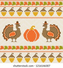 Embroidered Thanksgiving pattern. Turkey, pumpkins, acorns and autumn leaves. Template for seasonal design in folk style. For greeting card, banner, poster and other